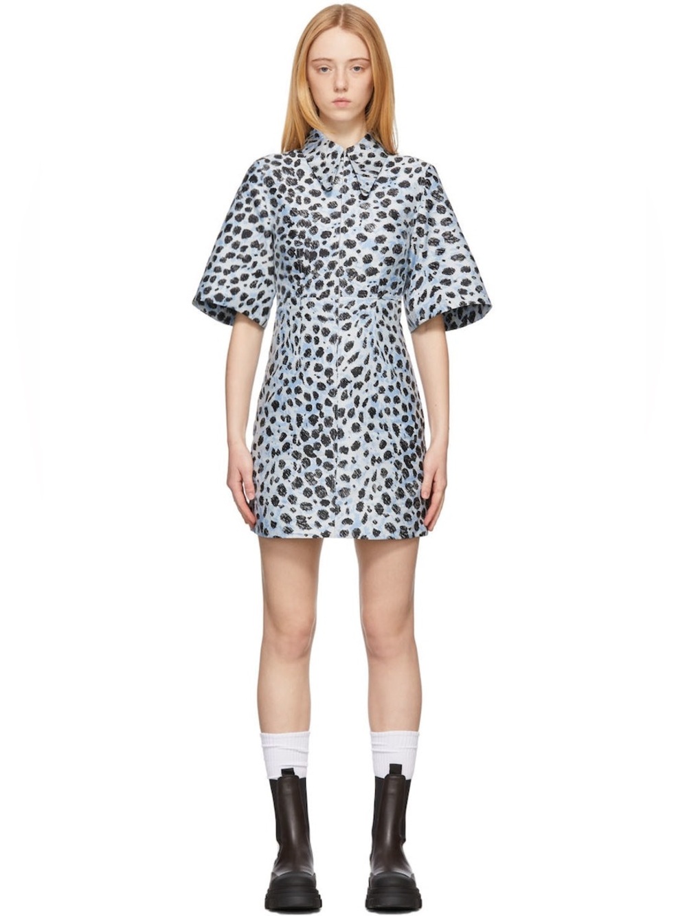 GANNI Crispy Jacquard Leopard Blue Mini Dress